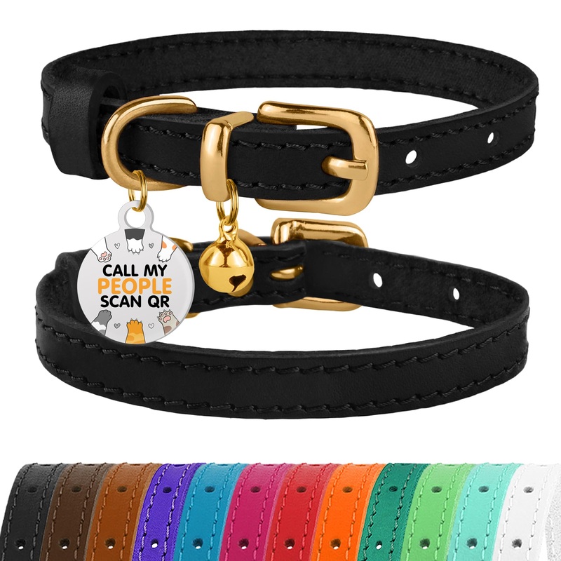 BRONZEDOG Leather Cat Collar with Bells Non Breakaway Kitten QR Tag for Girl Boy (7″ – 9″ for Cats, Black & Gold) 7 – 9 inch