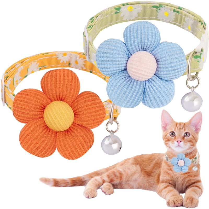 Cat Collar, Breakaway Kitten Collar with Bell and Flower for Girls Boys, Cute Safe Pet Collar, Adjustable Length (2 Pack) (Yellow + Green) Yellow + Green