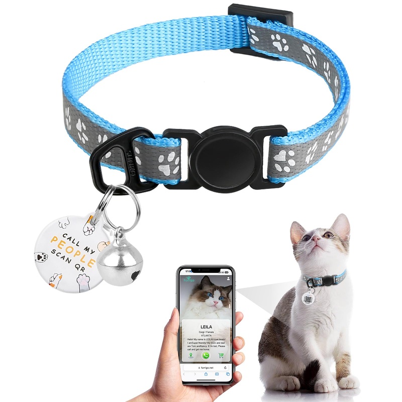 Cat Collar Breakaway with QR Code Name Tag, Reflective Kitten Collars with Bell, Cat ID Tag personalized, Ultra-Durable, Adjustable, Quick Release, Fits Most Girl Boy Small Large Cats (8”-13.3”) SKY BLUE