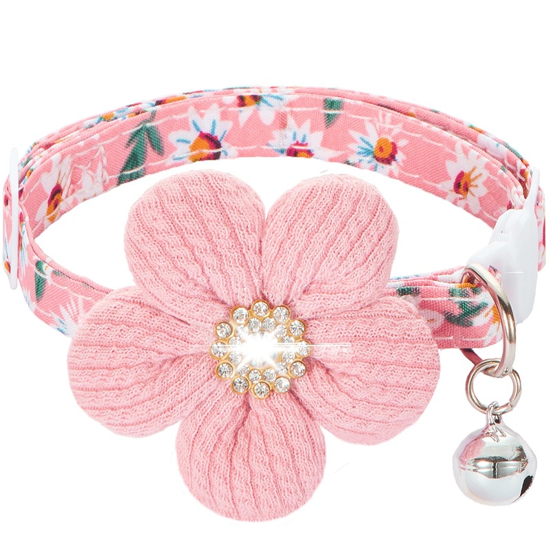 Cat Collar, HYQHYX Breakaway Kitten Collar with Flower,Rhinestone Kitty Collar with Bell, Floral Pet Collar with Safety Buckle for Cats and Puppy Dog Pink