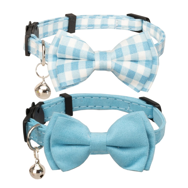Cat Collar with Bell Girl Boy Kitten Bow Tie Safety Breakaway Plaid Solid Color Gift Set Spring Pink Cute [2pcs] Blue