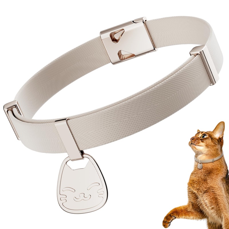 Cat Collar with Name Tag Breakaway: Kitten Collars for Girl Boy Cats with Writable Name Tags, Ultra Soft & Elastic Adjustable (6″-12″) Cat Collar with Break Away Safety Buckle, Khaki