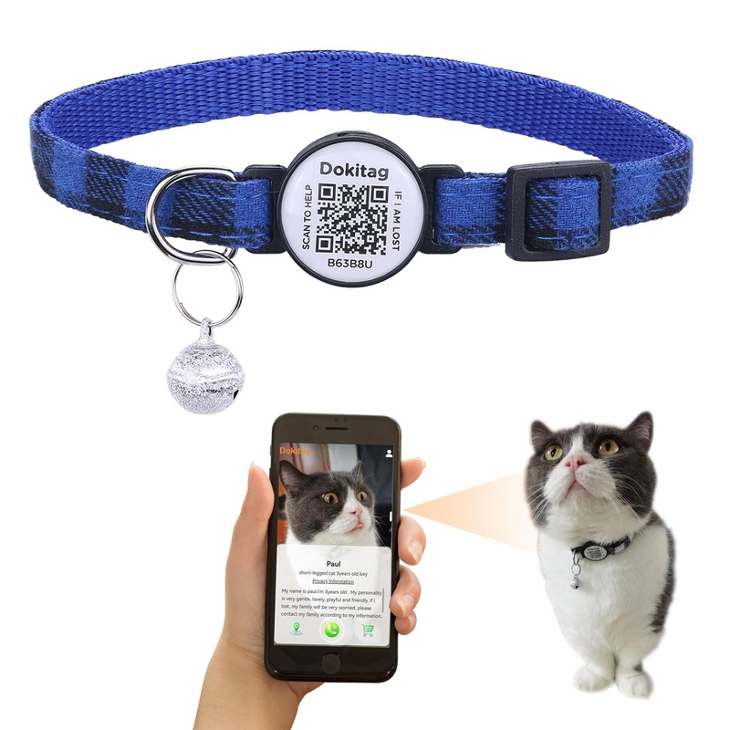 Cat Collar with Pet ID Tag,Breakaway Cat Collar QR Code Tag, Personalized Cat Collar, Cute Kitty Collar with Bells,Pet Online Profile-Scan QR Receive Instant Pet Location Alert Email (Blue) Blue