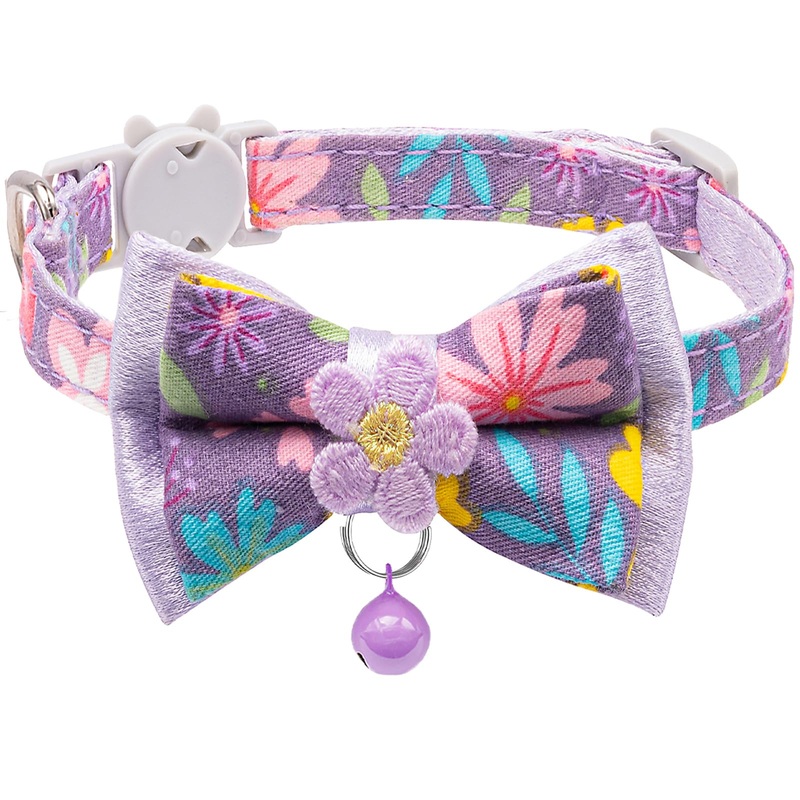 Cat Collars,HYQHYX Floral Bow Collar with Bell, Removable Cat Collar with Tie, Cute cat Collar for Cats and Puppies Purple