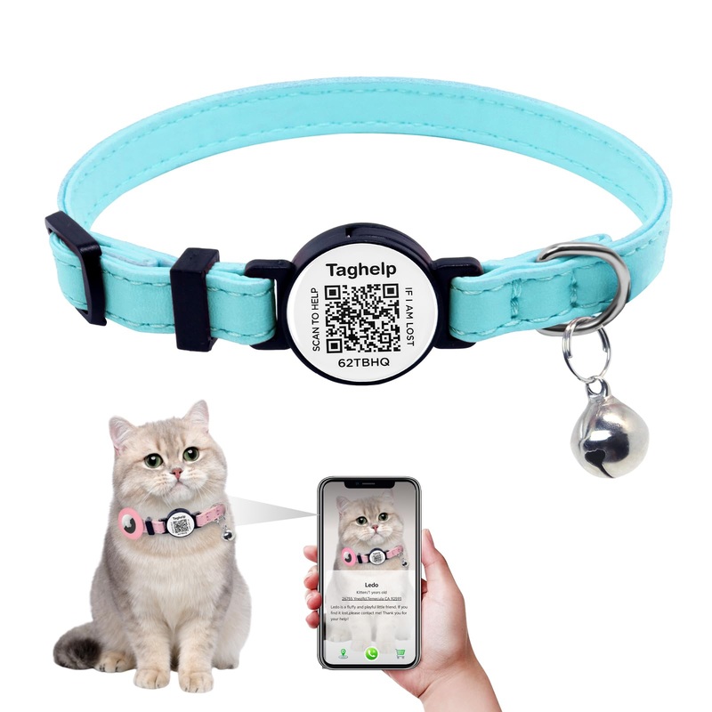 Collar Leather breakaway Cat Collar with Bell – Kitten Collar, Small and Big Cat Collar for Boy Cats, Girl Cats with smart ID tag,QR Code Cat ID Tags – Pet Online Profile Scan QR (Blue) Just collar Blue