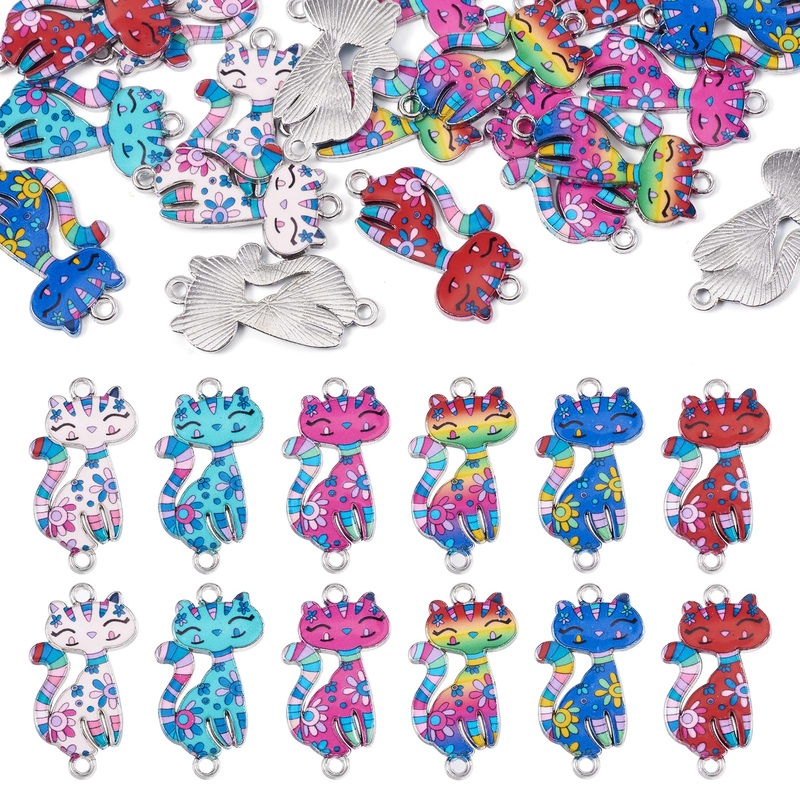 Craftdady 24Pcs Enamel Cat Charms 6 Colors Alloy Kitten Connector Charms Cute Pet Animal Link Pendants 2 Hole Cartoon Cat Beads for Jewelry Making 6 Colors, Cat