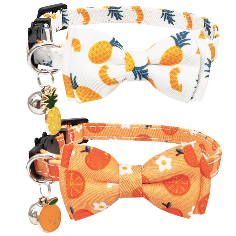 Fruit Cat Collar with Bow Tie Bell and Pendants Breakaway Adjustable Kitten Collars for Spring Summer Pineapple and Orange Pattern White & Orange