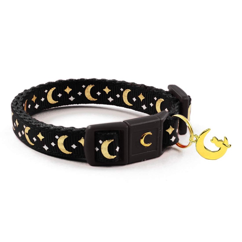 Gold Moons and Stars Safety Breakaway Cat Collar, Glow in The Dark (Standard 9″-15″ Neck, Black) 9-15 Inch (Pack of 1)
