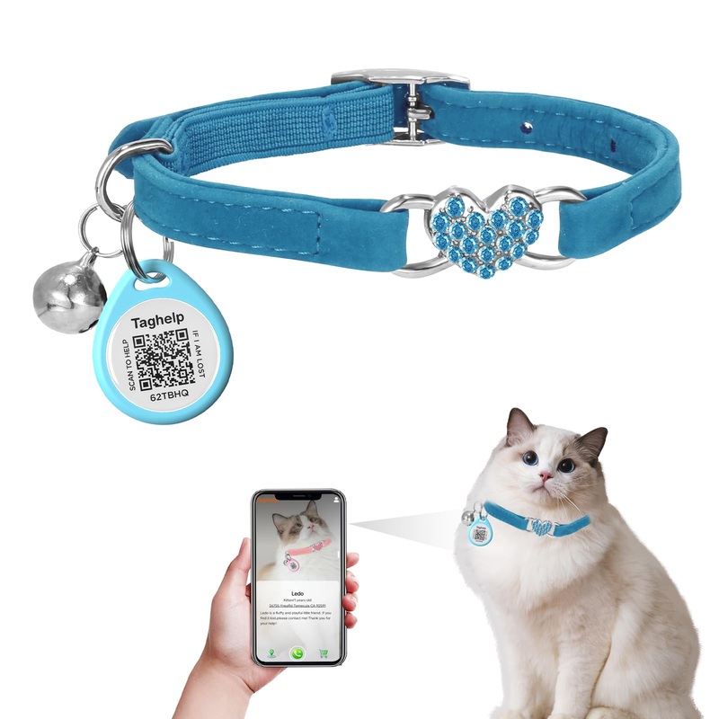 Heart Bling Cat Collar with Safety Belt and Bell Adjustable 8-13 inches for Kitten,Personalized Cat Collar with QR Code Smart ID tag, Pet Name and Phone Number on line,NO app (Blue) blue
