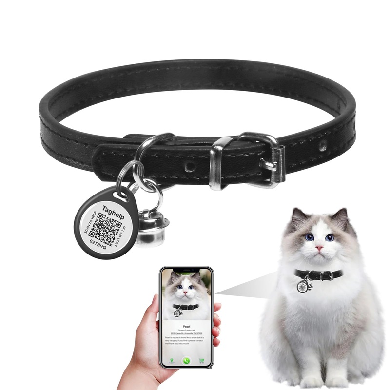 Leather Cat Collar with Bell – Kitten Collar, Small and Big Cat Collar for Boy Cats, Girl Cats with Personalized Cat Collar with QR Code Name smart ID tag(Blcak, 8″ – 11″ Cats/Mini Dogs) 8 – 11 inch (for adult cat) Blcak