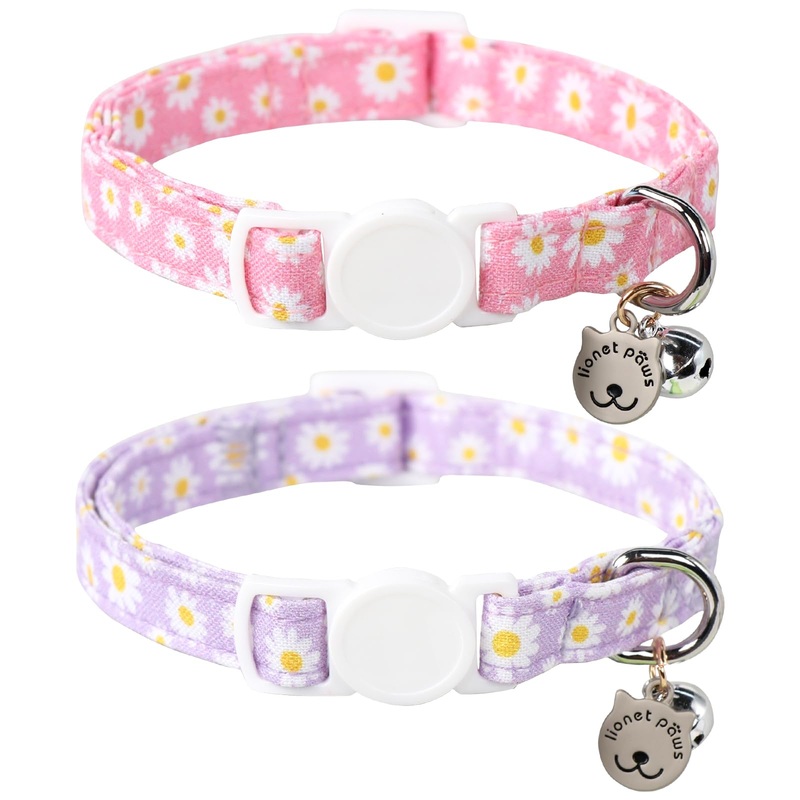 Lionet Paws 2pcs Pack Cotton Cat Collar,Breakaway Buckle with Daisy Pattern and Brand Pendant Cute Adjustable Cat Kitten Collar,Ideal for Girl Cats Boy Cats Uniform