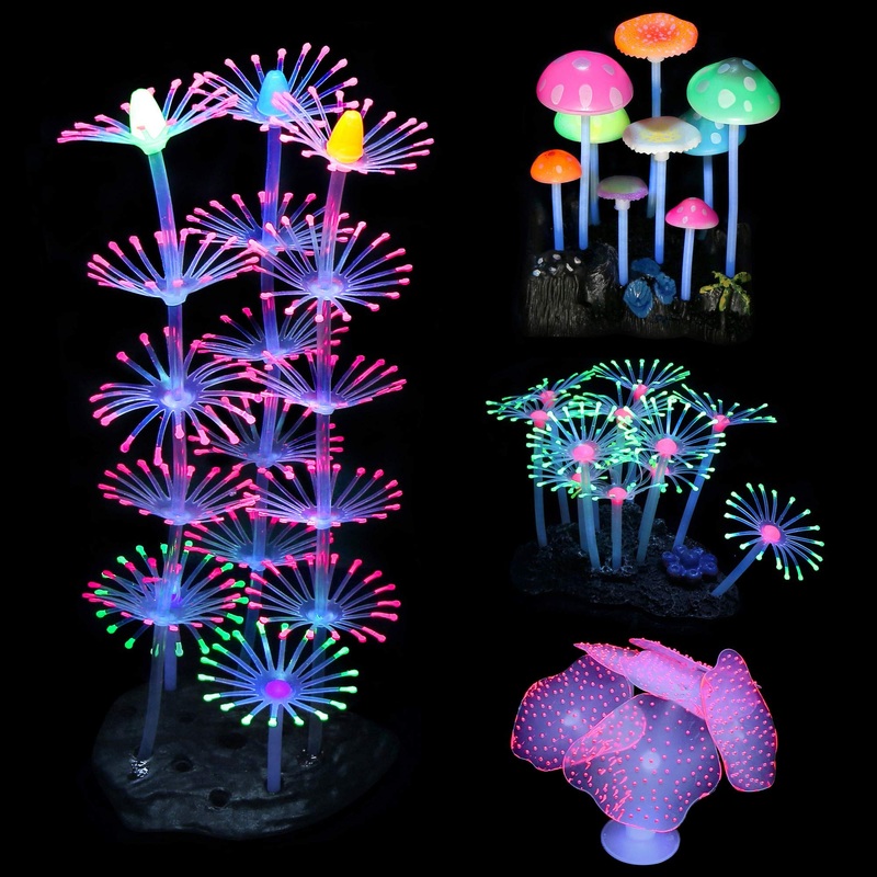 Lpraer 4 Pack Glow Aquarium Decorations Coral Reef Glowing Mushroom Anemone Simulation Glow Plant Glowing Effect Silicone for Fish Tank Decorations 4 Pcs(coral Reef+branch Coral+mushroom+anemone)