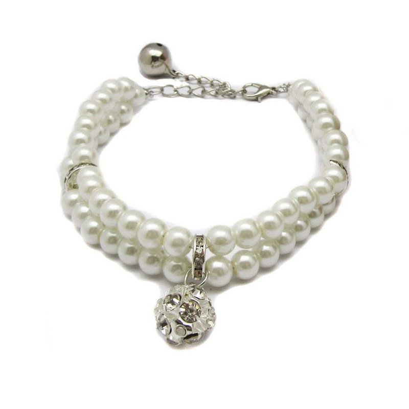 Luxury 2 Row Pearls Rhinestones Pet Cat Dog Necklace Collar Jewelry with Bling Crystal Ball Charm Pendant for Pets Cats Small Dogs Female Puppy Chihuahua Yorkie Girls Costume Outfits Neck Size:8″-10″ White
