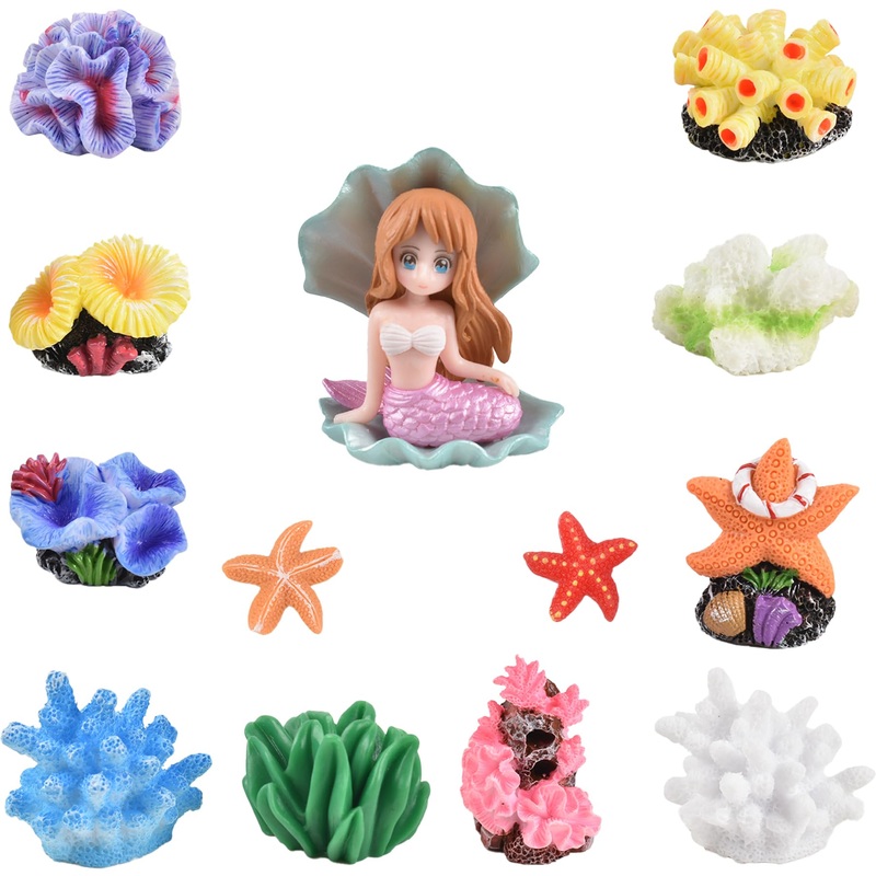 Micro Landscape Decor Coral 13PCS, Fake Coral Ornament Resin Mini Coral Starfish Shell Mermaid Miniature Coral Figurines for Aquarium Tank Decorations Miniature Moss Landscape DIY