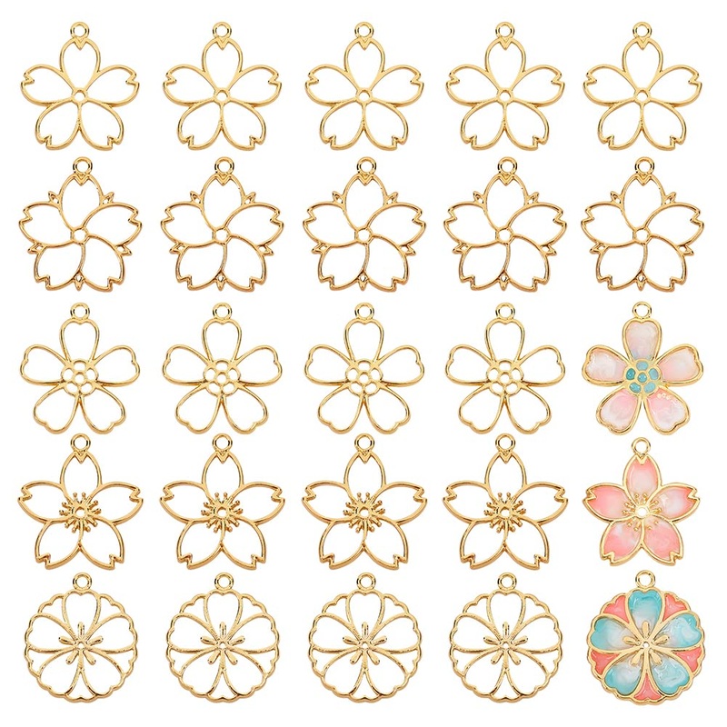 OLYCRAFT 30pcs Blossom Open Bezel Pendants Flower Charms 5-Shape Hollow Frame Dangle Charms Making Kits for DIY UV Resin or Pressed Flower Jewelry Making