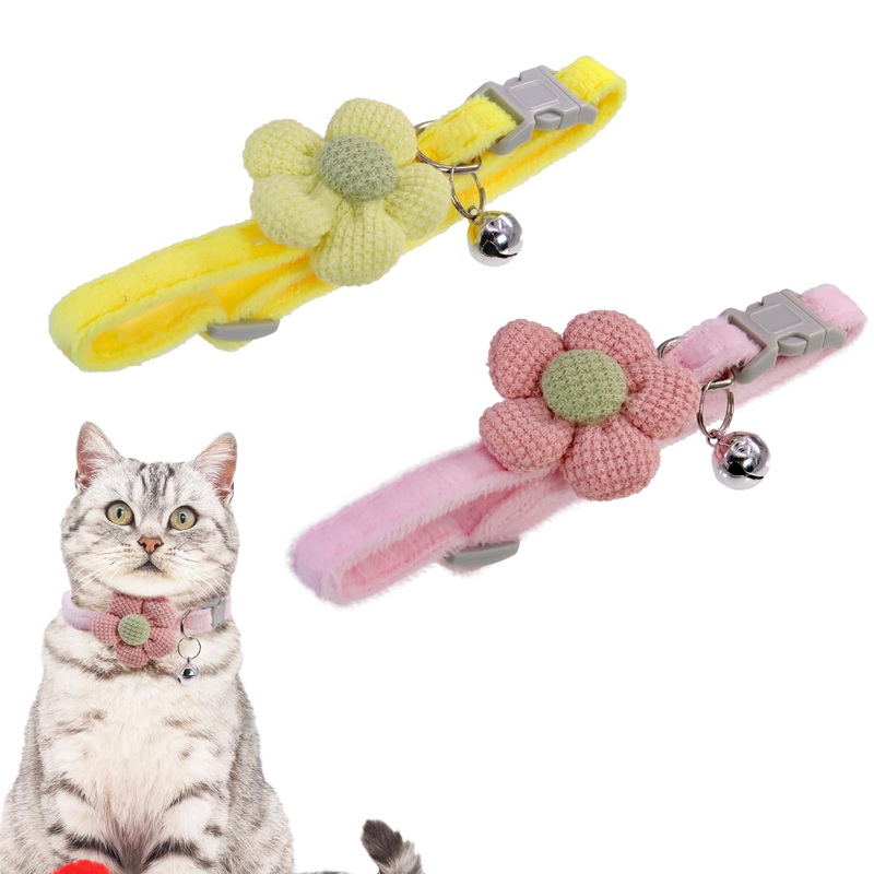 Patty Both 2 Pack Cotton Breakaway Cat Collar with Bell,Yellow&Pink Flowers Pendant Cute Cat Collar Kitten Collar,Floral Pet Collar with Safety Buckle for Cats and Puppy Dog