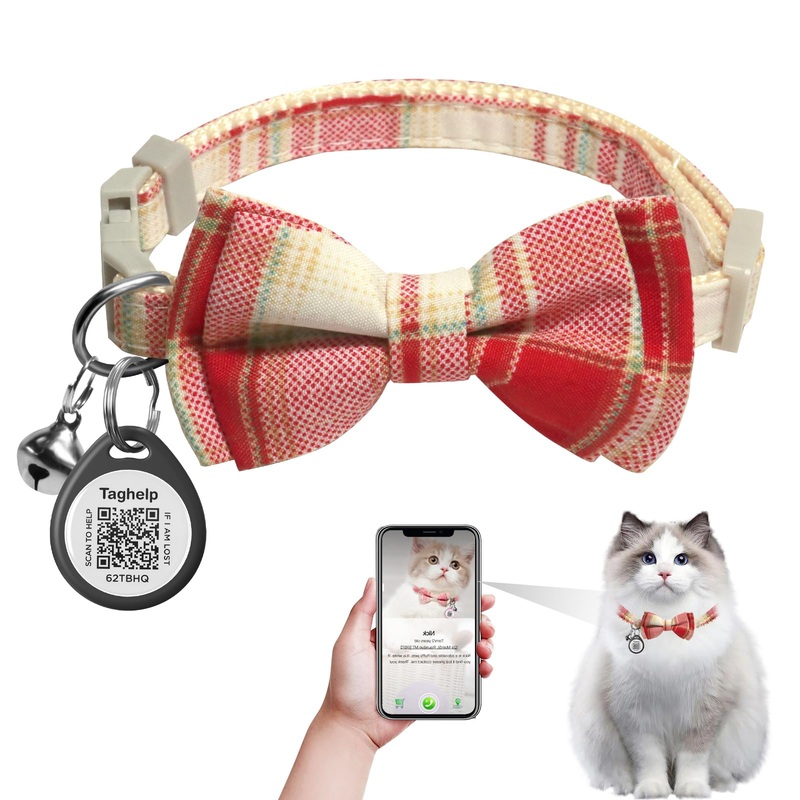 Personalized Cat Collar with QR Code Name Smart ID tag,Cute Bow Bell – GPS -Kitten Plaid with Removable Bowtie Cat Collar for Cats Kittens,Quick Release Buckles (Red) Red