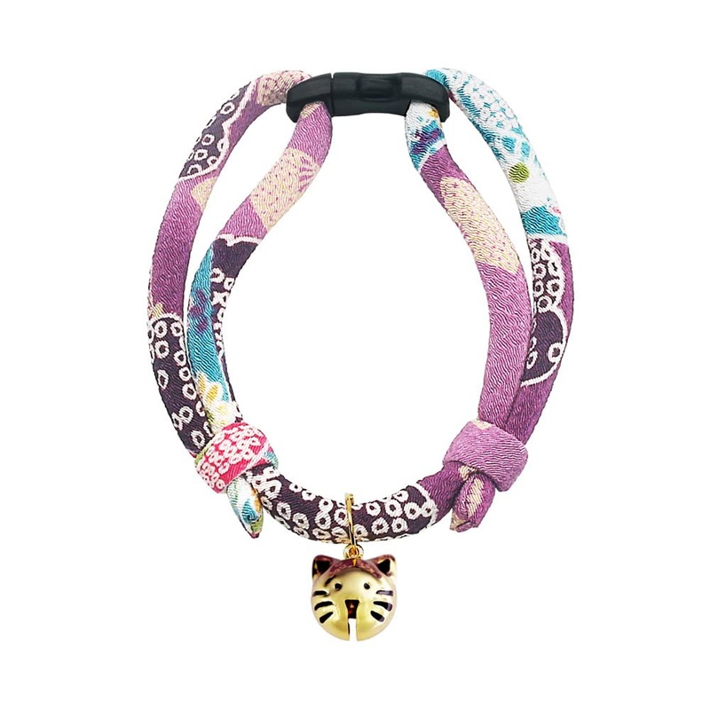 PetSoKoo Cat Collar with Kitty Face Bell. Cute Japan Chirimen Kitten Collar. Soft & Lightweight. Standard (6-13inch,16-32cm) Purple