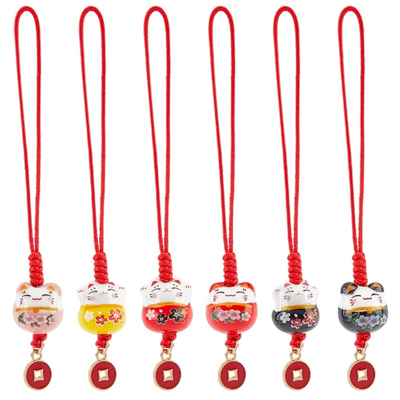 PH PandaHall 7pcs Lucky Cat Keychains Ceramic Beckoning Cat Charms Keyrings Pendant Maneki Neko Ornament Fortune Pendants Mobile Phone Pendant with Coins Alloy Pendants for New Year Christmas