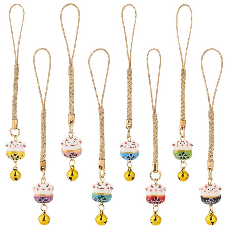 PH PandaHall 8pcs Lucky Cat Keychain Beckoning Cat Pendants Japanese Maneki Neko Fortune Pendants Keyrings Wealth Health Cat Ornament Mobile Phone Pendant for Cell Phone Backpack Wallet Christmas