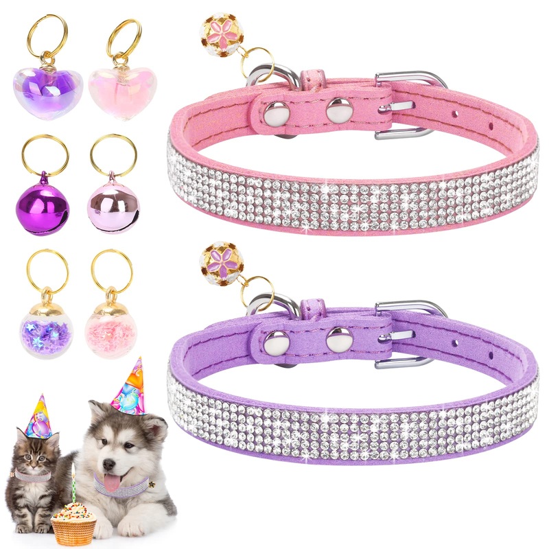 Rhinestone Dog Cat Collar with Bell, 2 Pack, Adjustable Basic dog collar for Small Medium Dogs, Cats, Kitten and Puppy with Buckle, 5/8 Width, Soft Suede Leather (XXS, Neck 6-8) XXS (6-8in) Purple+Pink+ 6 Bells