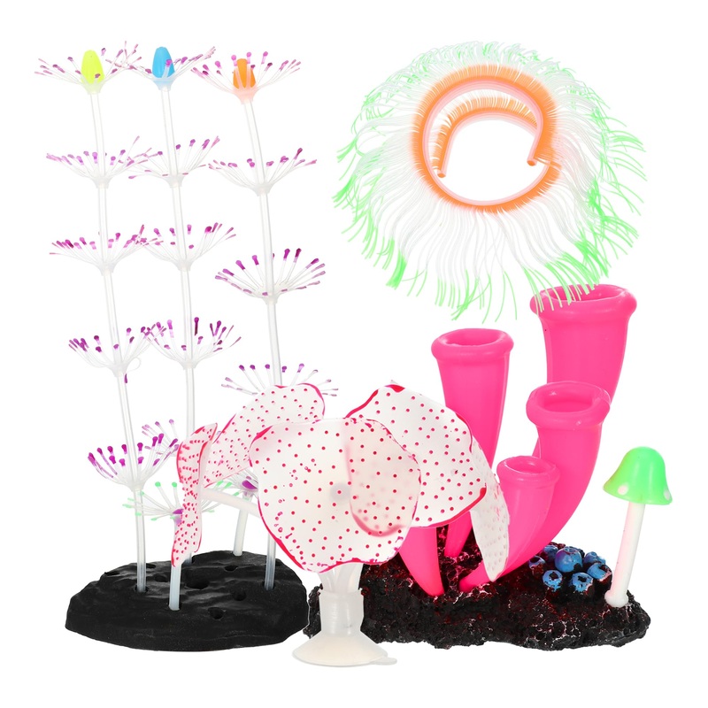 Silicone Glowing Aquarium Decorations, Fluorescence Coral, Glowing Sea Anemone Decor, Glowing Sucker Coral for Aquarium Decor Purple Pink Green 1 Set