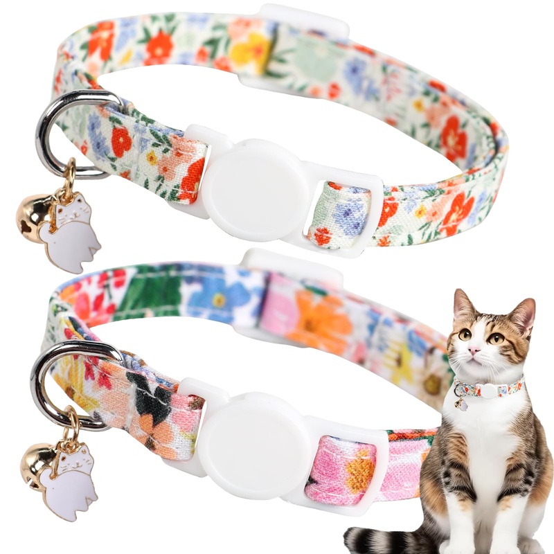 Unique style paws 2 Pack Kitten Collar Breakaway with Bell & Pendant, Adjustable Safety Cat Cotton Collars for Girl Boy Cats and Small Pets colorful flower