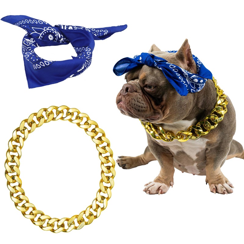 2Pack Dog Costume Set, Adjustable Gold Plated Dog Chain Collar and Headband for Dogs Square Satin Head Scarf Head Cover Puppy Bathroom Apparel Party Costume Accessories