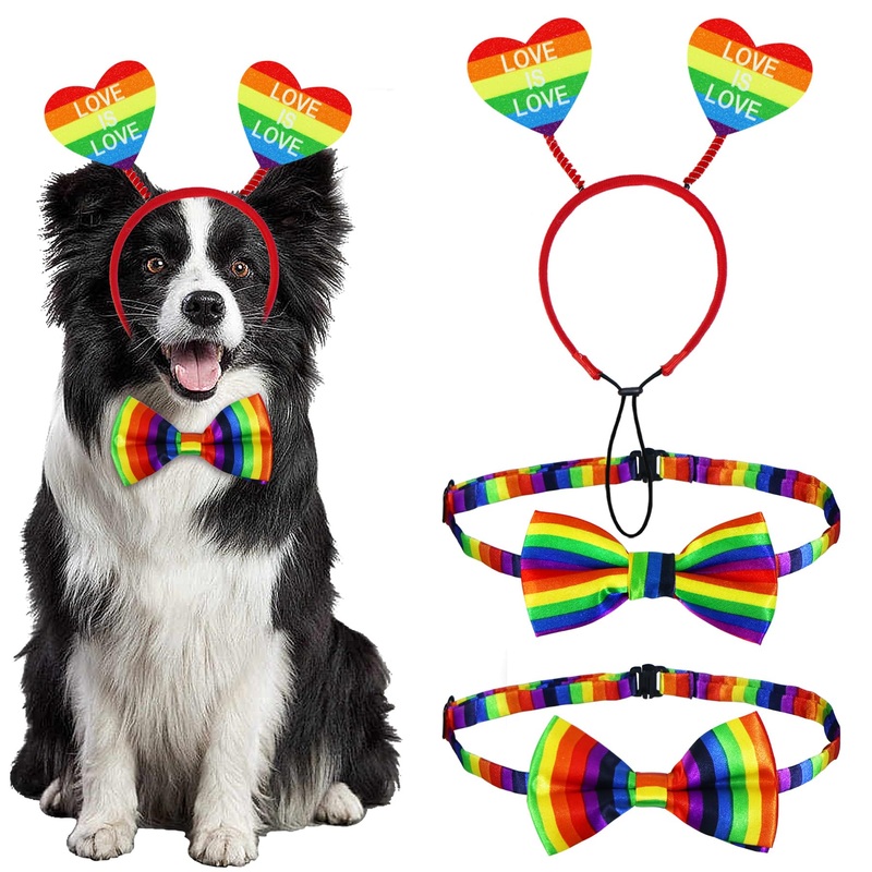 3 PCS Dog Pride Outfit, Rainbow Heart Dog Headband Pride Dog Bow Tie Collar Pride Dog Apparel Clothes for Small Medium Large Dogs (Pride Style 2) Pride Style 2