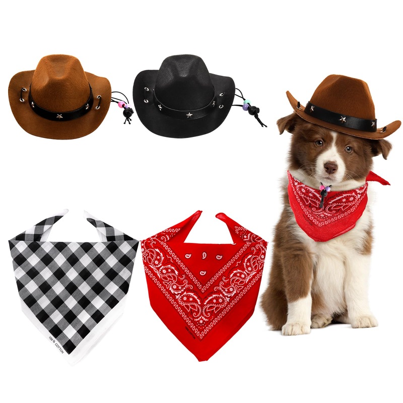 4 Pack Pet Cowboy Costume Accessories Set, 2 Pcs Cowboy Hat and 2 Pcs Bandana Scarf, Puppy Kitten Halloween Christmas Costume, West Cowboy Accessories Party Cosplay Wearing for Cats Small Dogs