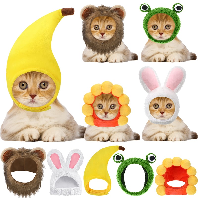 5 Pcs Cat Hat Adorable Costume Bunny Hat with Ears Funny Mane Hat for Cats and Small Dogs Kitten Puppy Party Costume Accessory Headwear (Lion, Frog, Rabbit, Sunflower, Banana) Lion, Frog, Rabbit, Sunflower, Banana