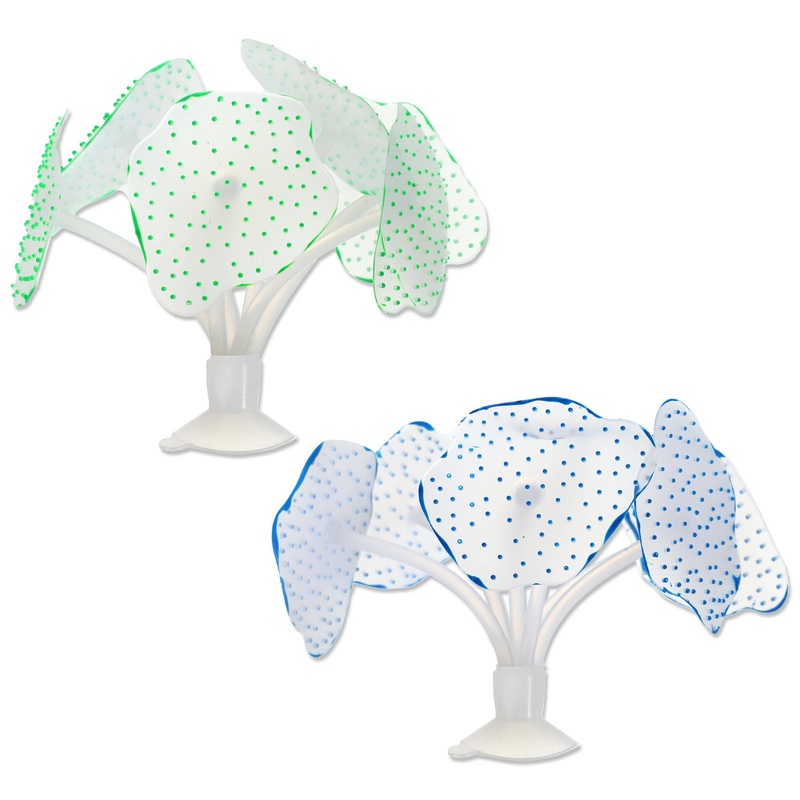 Artificial Coral Ornament, Soft Silicone Glowing Fish Tank Coral with Sucker, Fluorescence Coral Decor for Aquarium Decor Blue Green 2pcs