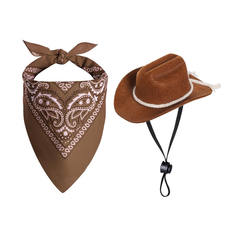 Dog Cowboy Hat Dog Cowboy Costume for Small Pet Dogs Cat Cowboy Hat with Bandana Scarf Set Party Accessories (Brown) Brown