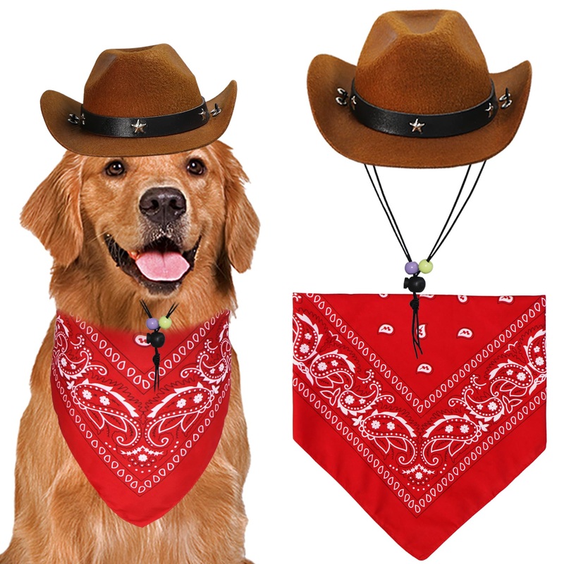 Dog Halloween Costumes, Dog Cowboy Costume Halloween Dog Cowboy Hat Halloween Dog Bandana Scarf Funny Dog Halloween Costumes for Small Medium Large Dogs Pets (Brown Hat & Red Bandana, Large) Brown Hat & Red Bandana