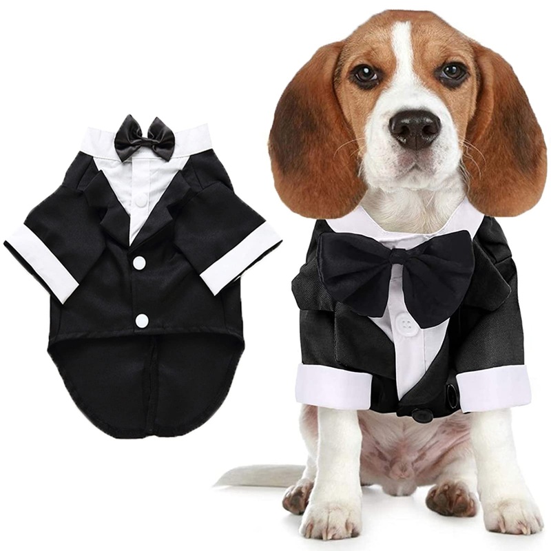 Dog Shirt Puppy Clothes, Pet Wedding Suit Formal Tuxedo with Black Bow Tie, Dog Outfit for Small Medium Dogs Cats, Dog Weding Attire Dress Up Cosplay Prince Costume Gentleman Apparel (Small, Black)