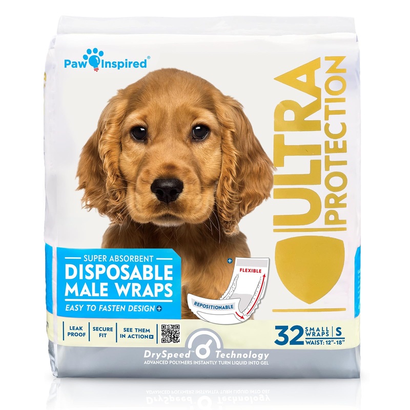 Paw Inspired Male Dog Wraps, Disposable Dog Diapers | Belly Bands for Small, Medium, Large Dogs (32 Count, Size Small) 32 Count
