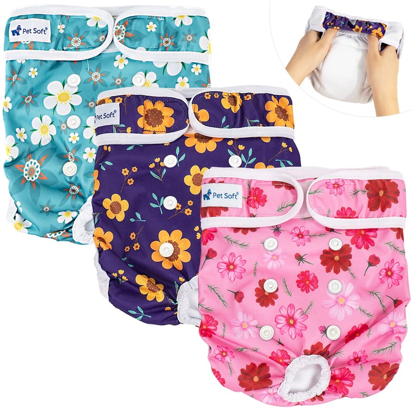 Pet Soft Washable Female Diapers (3 Pack)  Female Dog Diapers, Comfort Reusable Doggy Diapers for Girl Dog in Period Heat (Cute Flower, M) Cute Flowers Medium:14”-19”