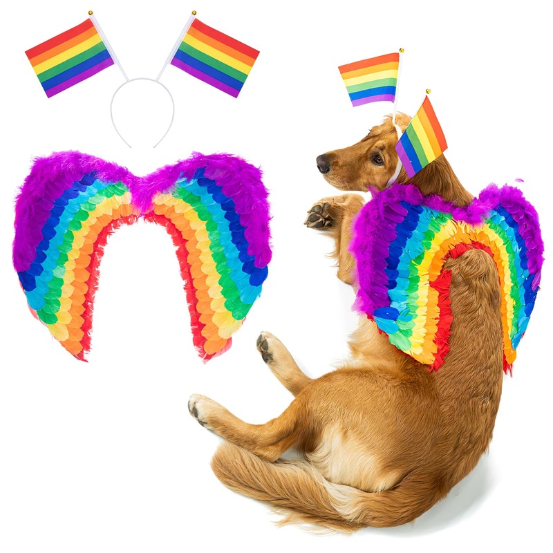 Pride Day Dog Wings Costume Cosplay Set, Rainbow Flag Dog Headband and Feather Wings Pride LGBT Gay Accessories for Large Dog Costumes Party