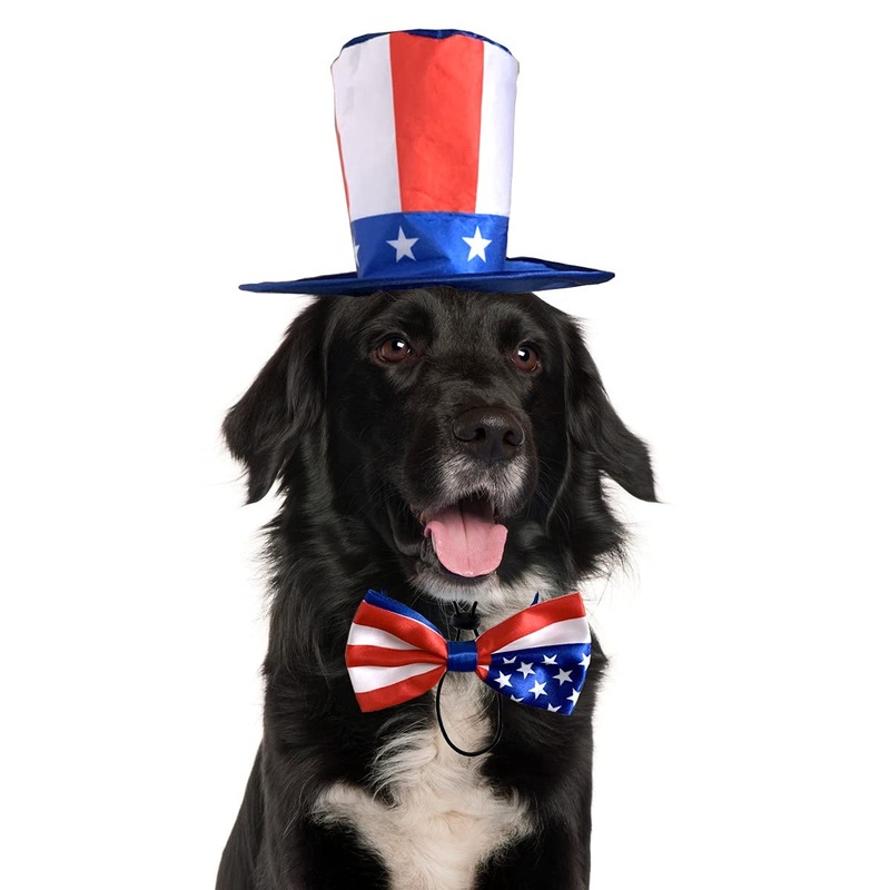 Vehomy Pet Dog Independence Day Costume – Uncle Sam Dog Top Hat and American Flag Dog Bow tie Collar 4th July Pet Hat and Collar Costume Supplies for Dogs Cats Puppy Kitten (2Pcs)