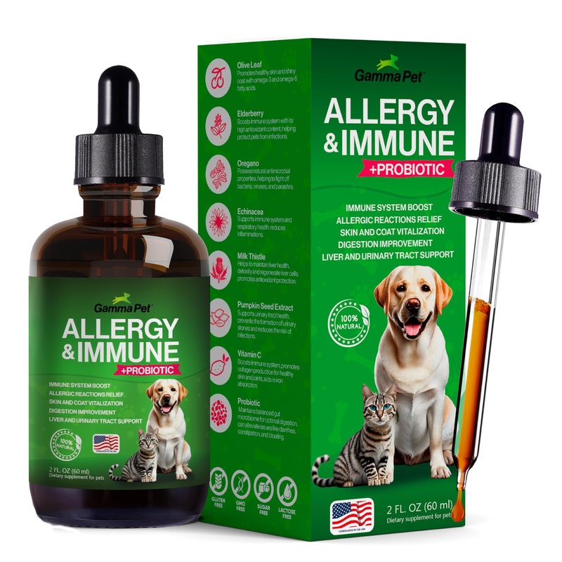 Allergy and Immune (with Probiotic) – Drops for Dogs Cats – Supports Digestion, Skin, Coat, Itch, Liver, Urinary Tract – Vitamin C, Elderberry, Echinacea – Formulated in USA (2 fl.oz)