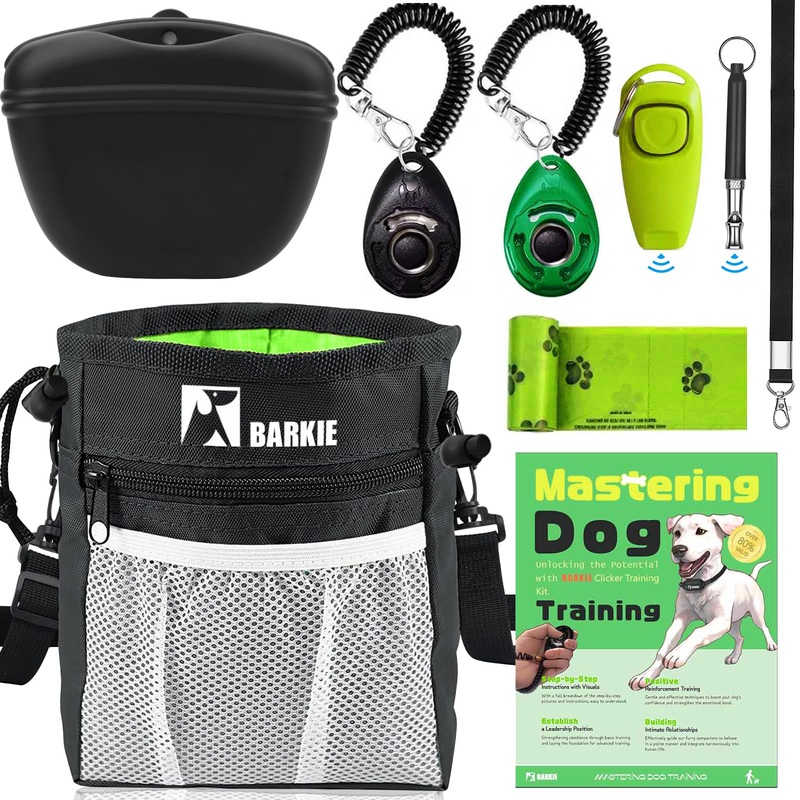 BARKIE Dog Training Kit – Treat Pouch, Pet Training Fanny Pack, 2 Puppy Training Clickers, Ultrasonic Silent Whistle, 2-in-1 Whistle Clicker, Clicker Training Guide Booklet, Dog Poop Bag (Black) Black