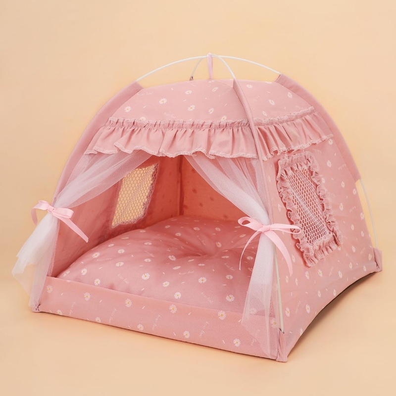 Cat Bed Tents Dog House Indoor Outdoor Lace Mesh Breathable Windows Door Curtains Removable Portable Nest Teepe House (Small,Pink(Ruffled Teim)) Small Pink(Ruffled Teim)