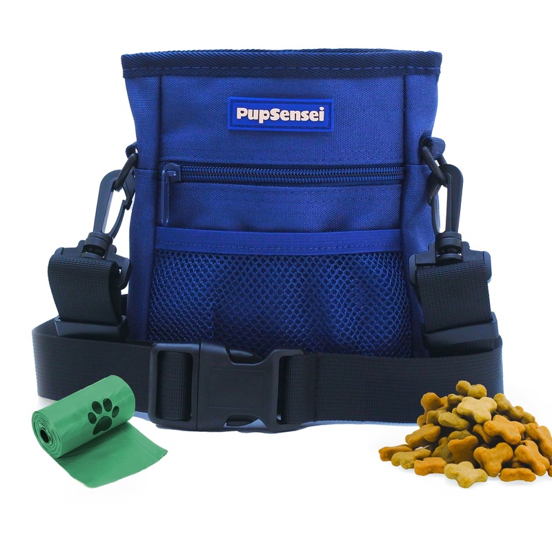 Dog Treat Pouch, Durable Oxford Polyester, No-Spill Magnetic Closure, Treat Pouches for Pet Training with Metal Clip, Waist Belt, Adjustable Strap, Poop Bag Dispenser (Navy Blue) Navy Blue