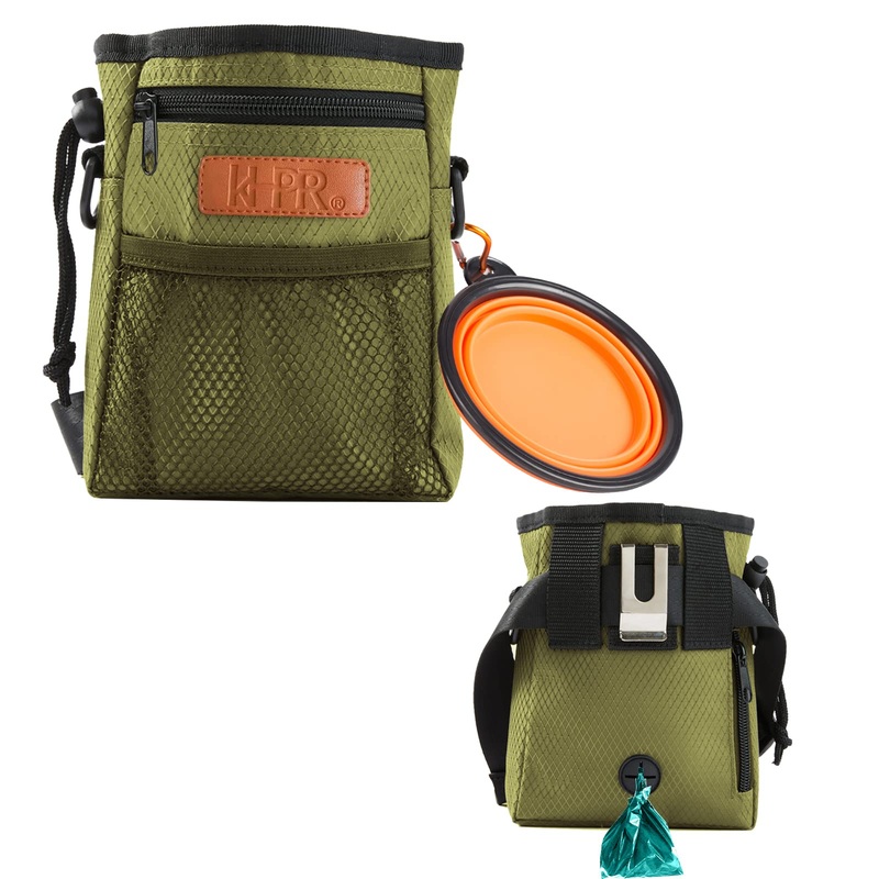 Dog Treat Training Pouch Easily Carries Pet Toys Kibble, Treats Built-in Poop Bag Dispenser 3 Ways to Wear Comes with a Foldable Silicone Bowl(Army Green) army green