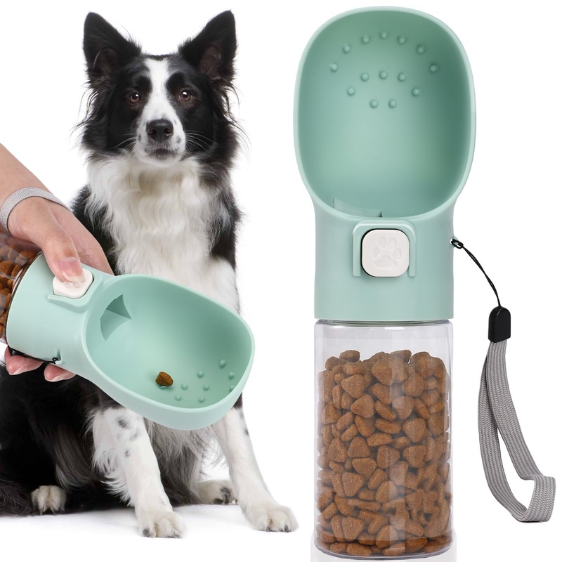 Handheld Dog Food & Treat Dispenser Built-in Clicker & Treat Pouch, Handy Feeder for Puppy Training Walking Hiking Traveling (10 OZ, Green) 10 OZ