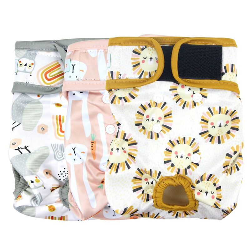 Langsprit Washable Female Dog Diapers (3 Pack) – Doggie Reusable Diapers for Doggy Puppy Female in Period – Highly Absorbent Dog Heat Panties with Adjustable Snaps (Rabbit, Owl, Lion, Medium) Rabbit, Owl, Lion