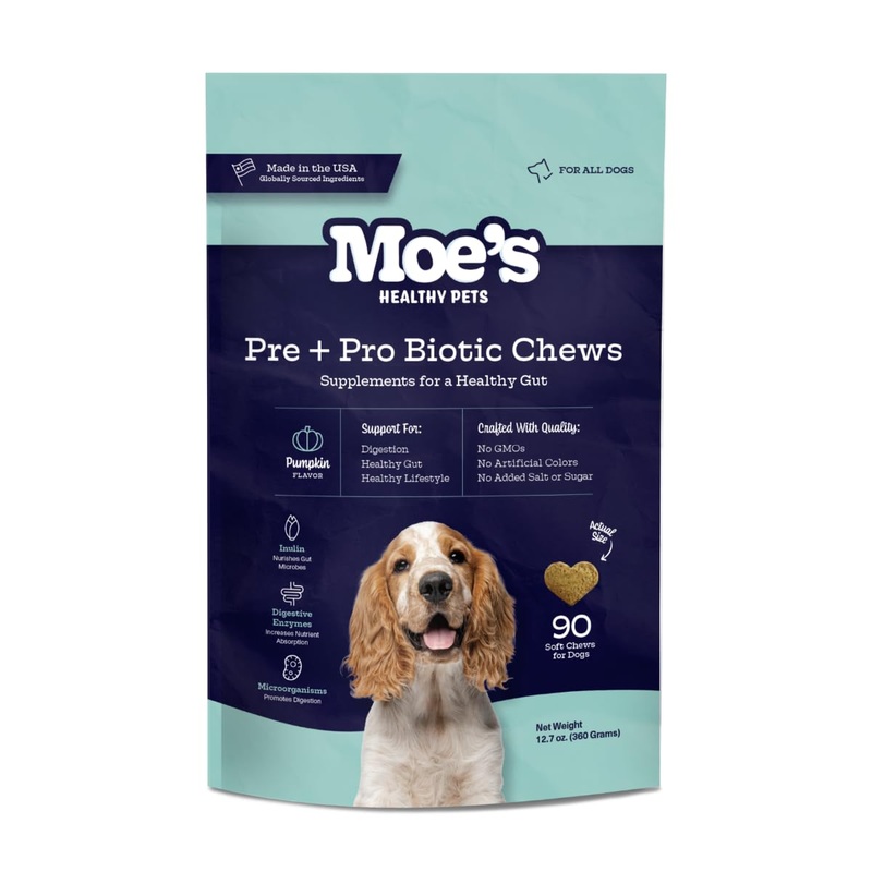 Moe’s Healthy Pets Prebiotic and Probiotic for Dogs – Dog Probiotics for Digestive Health and Vitality – Probiotic Chews for Dogs with Pumpkin Flavor – Fiber Supplement for Gut Health for Dogs