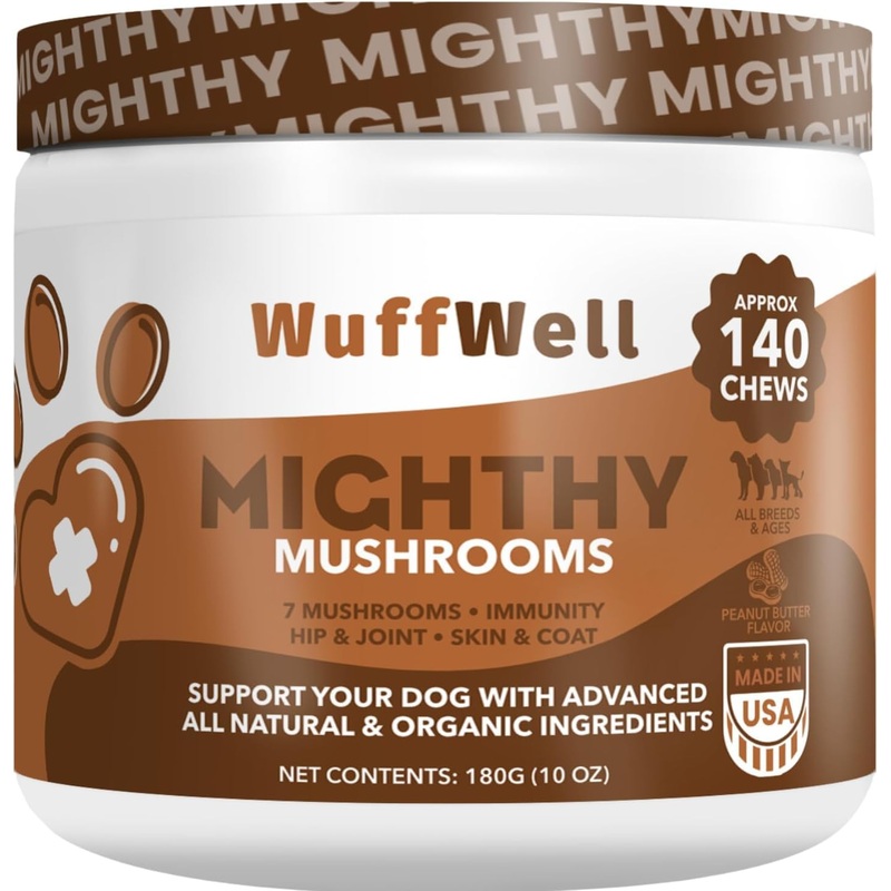 Mushroom Supplement for Dogs – 140 Chews – Advanced 7 Mushrooms Blend with Turkey Tail, Lions Mane and Reishi – Includes Green Lipped Mussel, Salmon Oil and Probiotics for Immune Support Peanut Butter