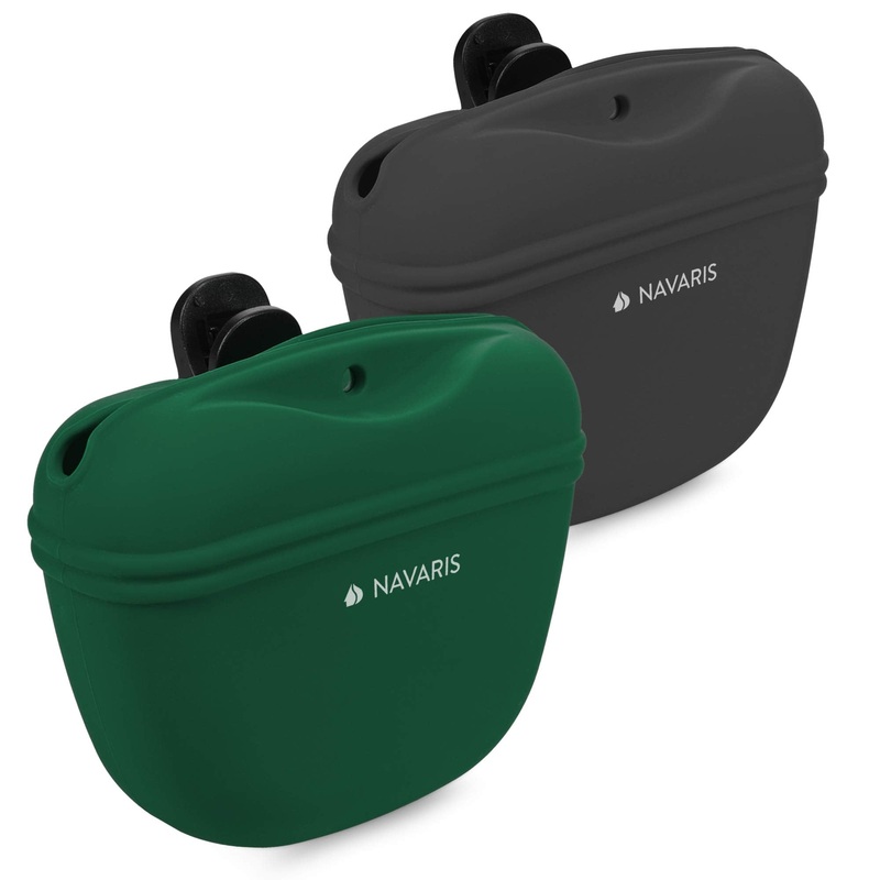 Navaris Silicone Dog Treat Pouch – Training Pet Puppy Bag Pocket Snack Treat Food Holder with Clip for Belt for Dog Walks – Set of 2 Grey & green