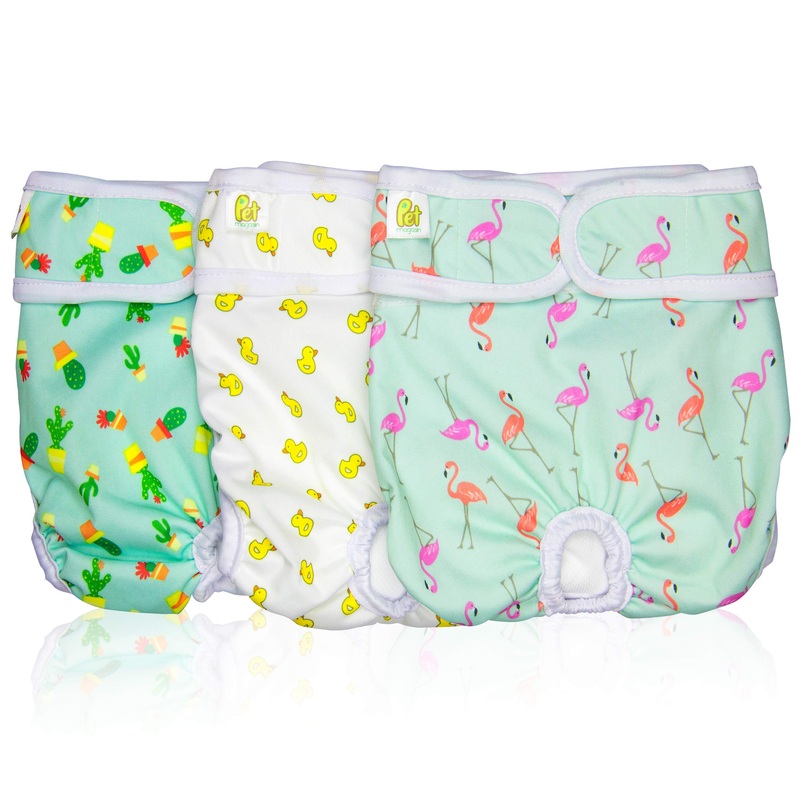 Pet Magasin Luxury Reusable Dog Diapers (3-Pack) – Durable & Washable Sanitary Wraps Panties for Female Pets with Strong & Flexible Velcro (Trending, Extra Small) Trending X-Small (10-12 Waist)